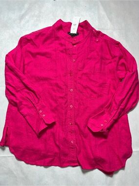 Banana republic factory Fuschia pink linen blend mandarin collar button up M NWT